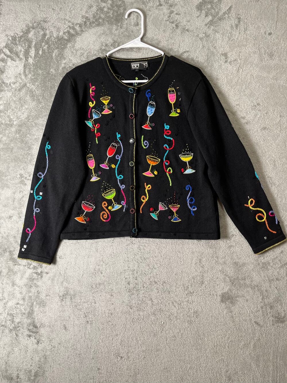 Vintage 90s Black Cocktail Martini Embroidered Cardigan Quirky Sweater Large